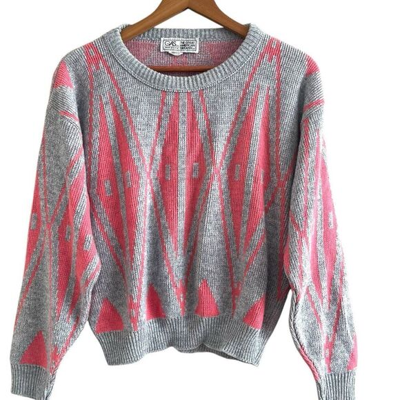 Vintage 80s GAS Great American Sweater Co Pullover S Gray Pink Grandpa Grunge - Picture 1 of 9